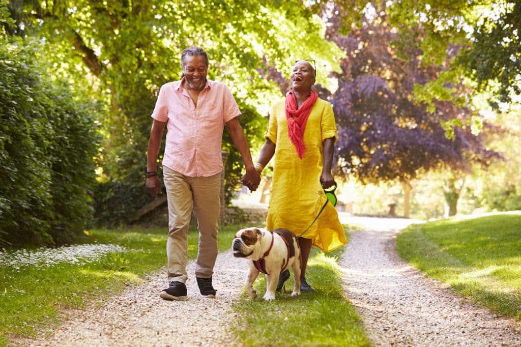 Elder couple walks together with their dog enjoying tax free income